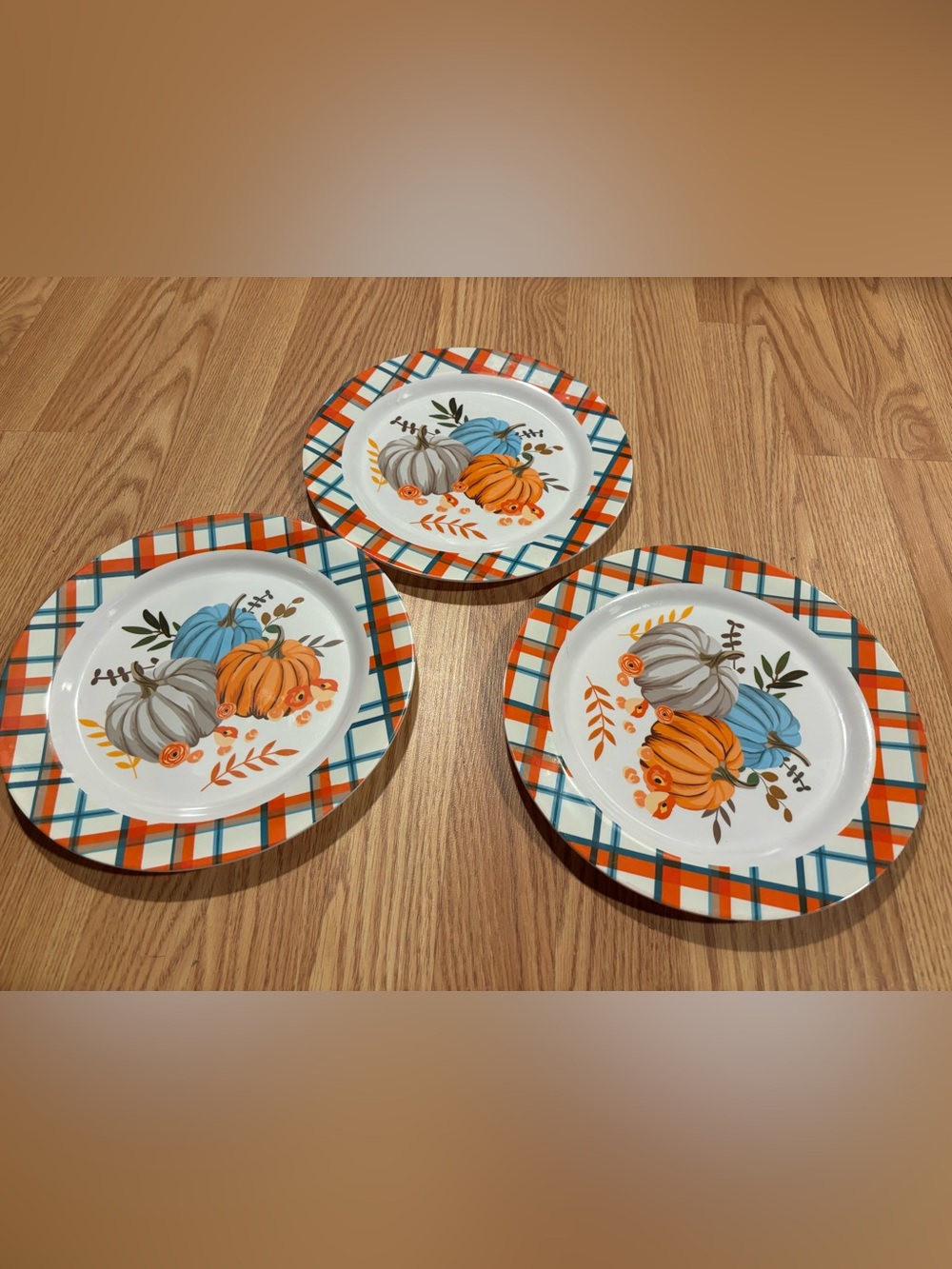 Autumn Harvest Plaid Pumpkin Dinner Plate - Orange & Blue set of 3